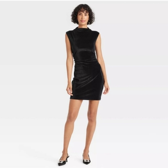 NWT A New Day Women's Mini Velvet Ruched Dress Black - Picture 1 of 15